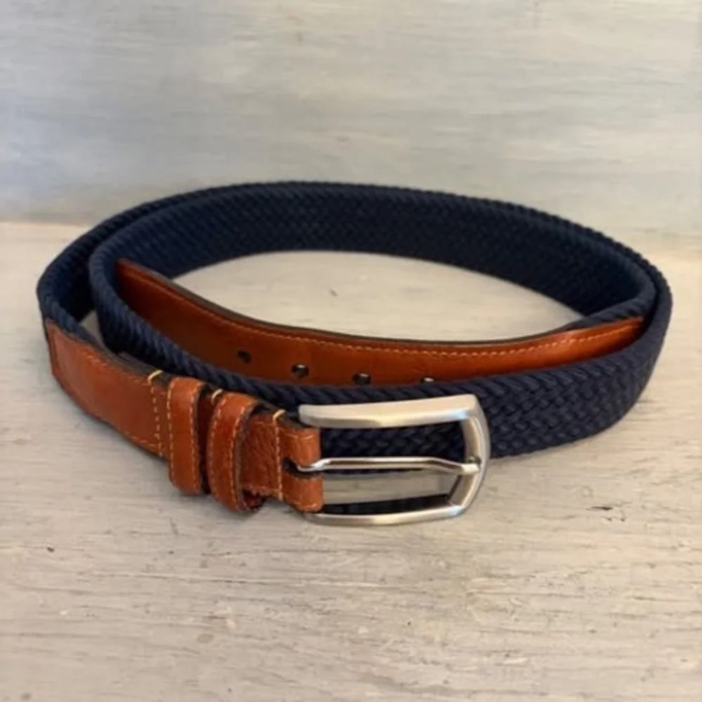 Torino Men's Navy Woven Stretch Belt with Brown Leather Trim 48-52